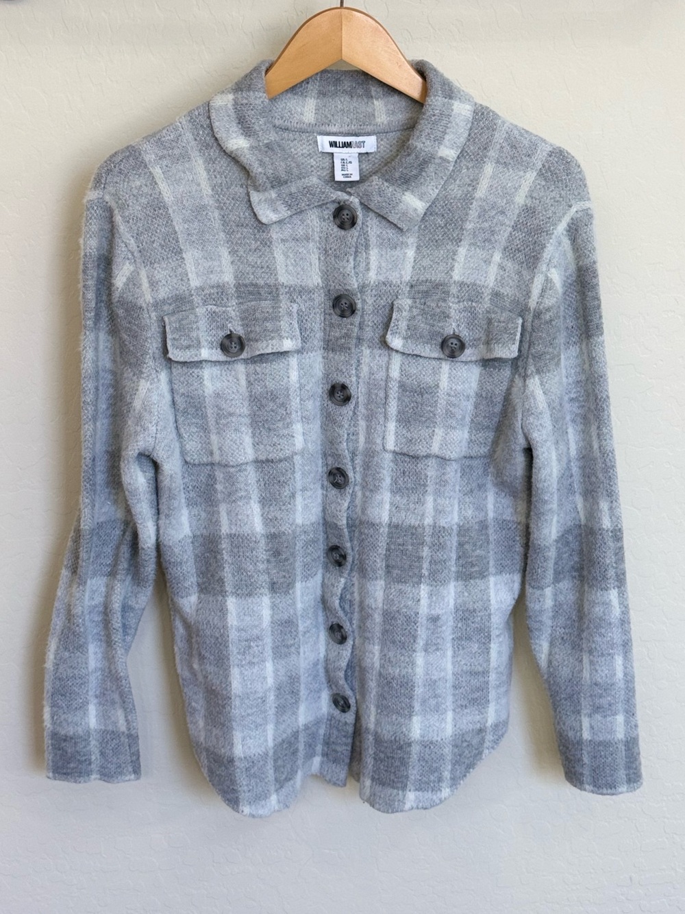 William Rast Plaid Knit Shacket Gray White Button Down Shirt Jacket Large Cozy